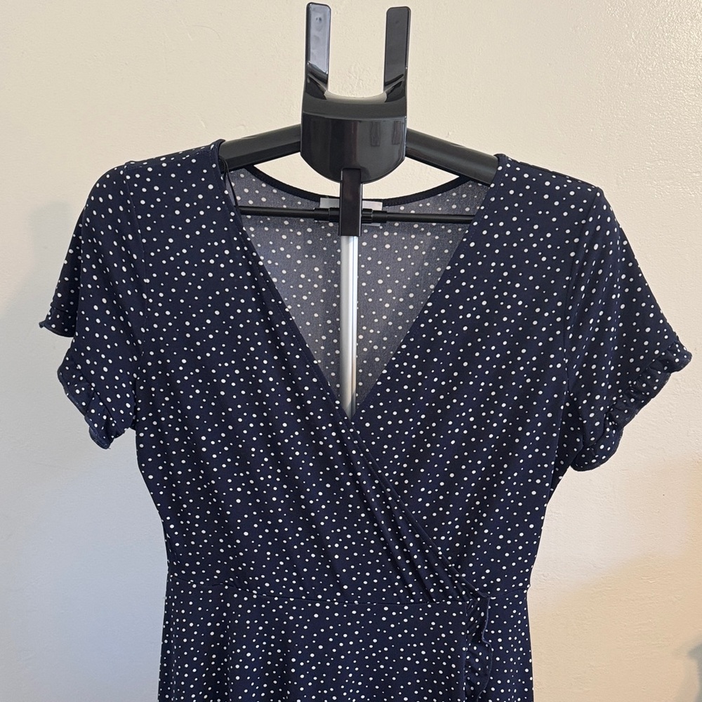 Navy Polka Dot Wrap Dress | Short Sleeve Casual Day‎ Dress | M - Picture 3 of 11